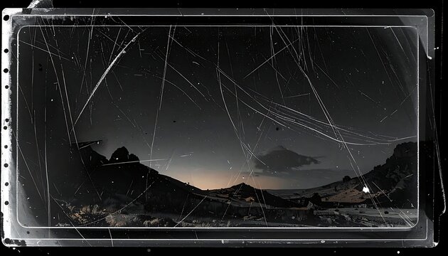 A scratched screen displays a dark landscape