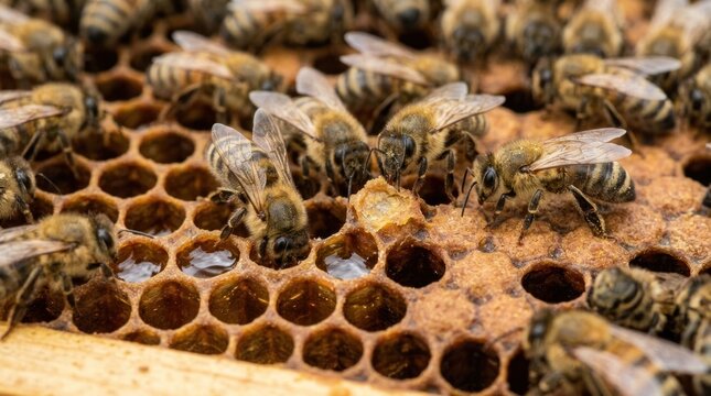 Working bees on honey cells
