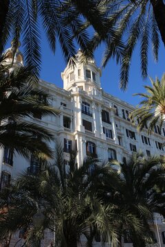 Casa Carbonell in Alicante, Spain, surrounded by green palm trees