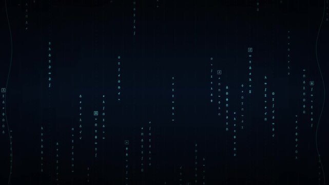 Digital matrix background with glowing mathematical symbols falling