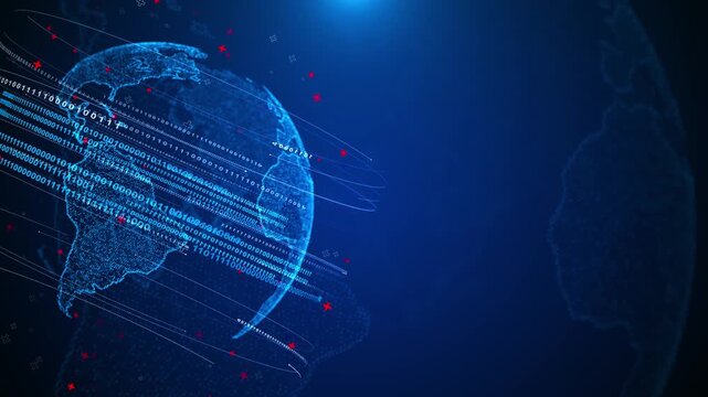Digital globe binary network with blue world sphere, flowing code streams, red cross markers, and dark tech space. data videos, global communications, cyber security intros, and software overlays.