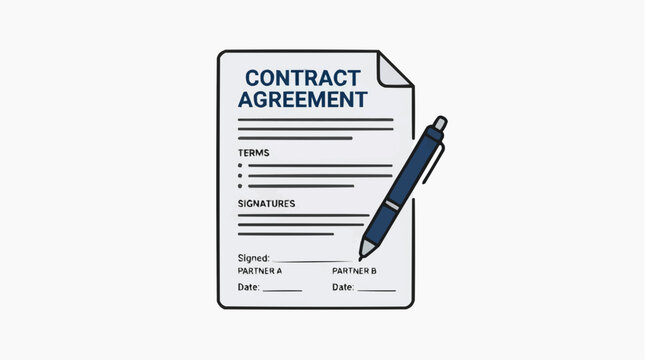 Depicting a contract agreement, meticulously presented alongside a pen in a graphic illustration.