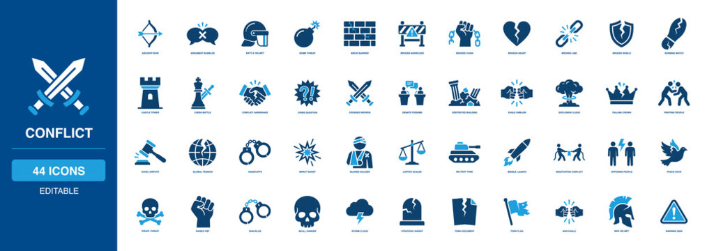 Conflict Solid Icon Set featuring archery bow argument, bubbles battle helmet, bomb threat brick, barrier broken barricade, chain heart link, burning match castle, tower chess crisis.