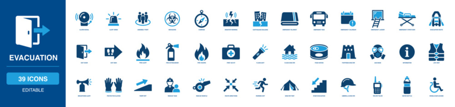 Evacuation Solid Icon Set featuring alarm signal alert, siren assembly point, biohazard compass, disaster warning, earthquake emergency, blanket bus calendar, ladder stretcher blanket.
