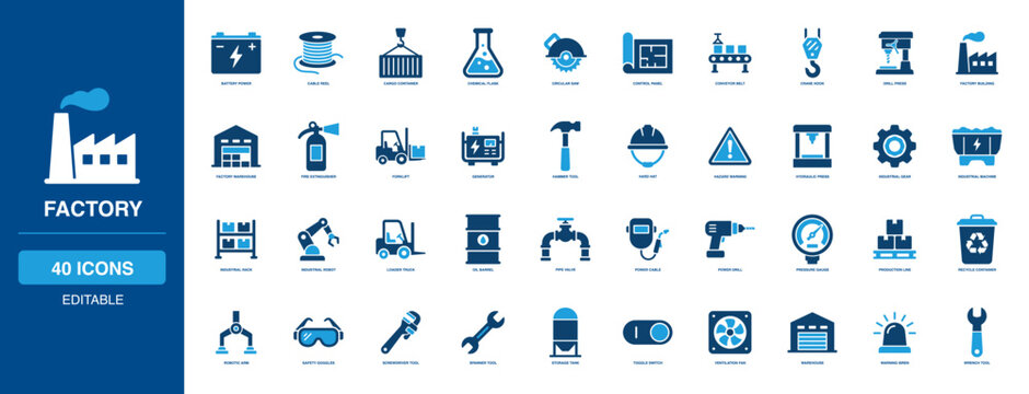 Factory Solid Icon Set featuring battery power cable, reel cargo container, chemical flask saw, control panel belt, crane hook drill, building warehouse fire, extinguisher hard gear.