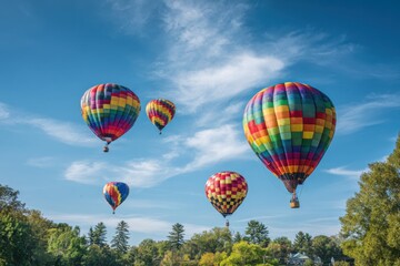 Naklejka premium Colorful Hot Air Balloons Soaring in a Clear Blue Sky Above Green Trees.