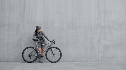 Stylish female cyclist in modern athletic gear, leaning on a sleek road bicycle against a minimalist concrete wall, embodying urban active lifestyle and fitness.