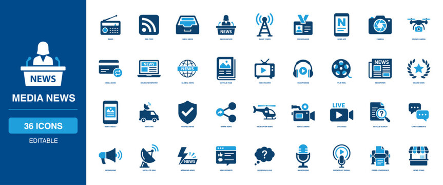 Media News Solid Icon Set featuring radio rss feed, inbox news anchor, tower press badge, app camera drone, media card online, global article page, video player headphones film reels.