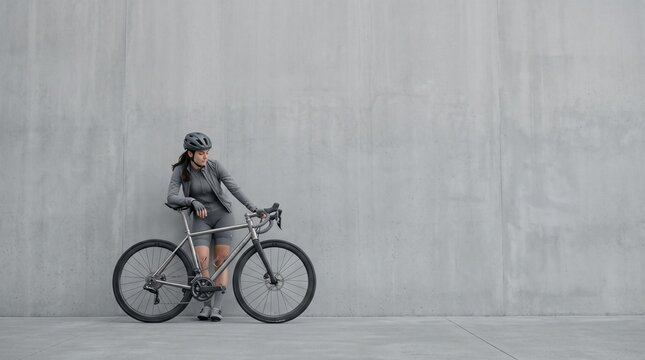 Stylish female cyclist in modern athletic gear, leaning on a sleek road bicycle against a minimalist concrete wall, embodying urban active lifestyle and fitness.