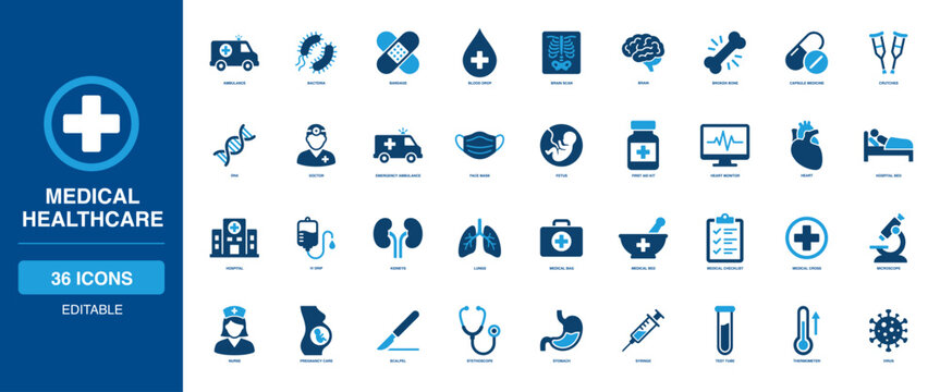 Medical Healthcare Solid Icon Set featuring ambulance bacteria, bandage blood, brain scan, broken bone capsule, crutches dna doctor, emergency face mask, fetus first aid hospital bed.