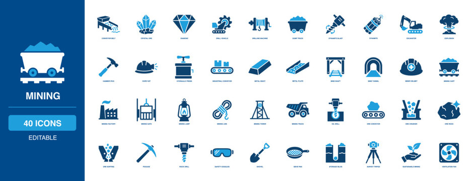 Mining Solid Icon Set featuring conveyor belt, crystal ore diamond, drill vehicle machine, dump truck dynamite, blast excavator explosion, hammer pick hat, hydraulic press, car shaft.
