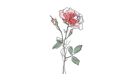 Fototapeta premium Single delicate rose illustration features subtle color accents on a white background