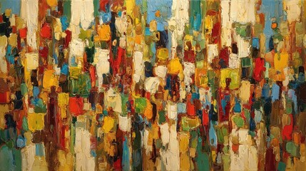 Fototapeta premium Vibrant, richly textured oil painting depicts a dense crowd of abstract figures in motion