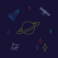 Spaceship, satellite, UFO, planet, and stars lineart neon design glow in the dark minimal clean vector graphic illustration asset © majarupa