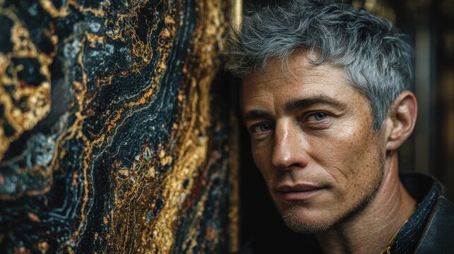 Luxury onyx detail portrait of contemplative man with gray hair beside polished black marble with dramatic golden veining, professional studio photography with sharp focus and elegant composition (15