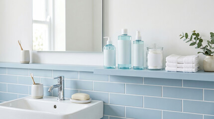 Fototapeta premium Clean modern bathroom interior with sink and toiletries