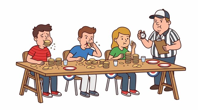 Illustration of a competitive eating contest with three participants and a judge.