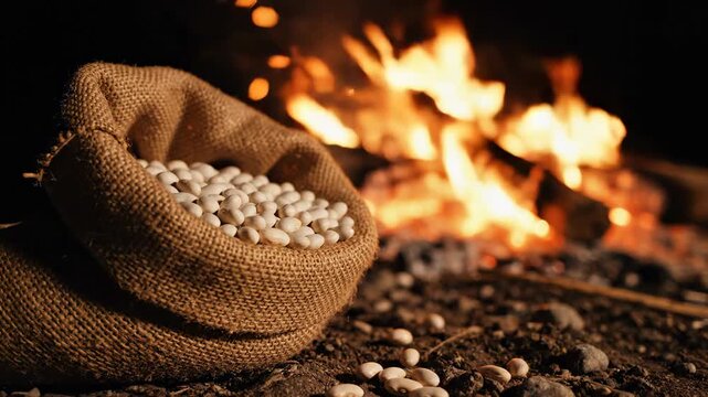 A burlap sack filled with white beans sits on the ground by a warm glowing campfire at night.