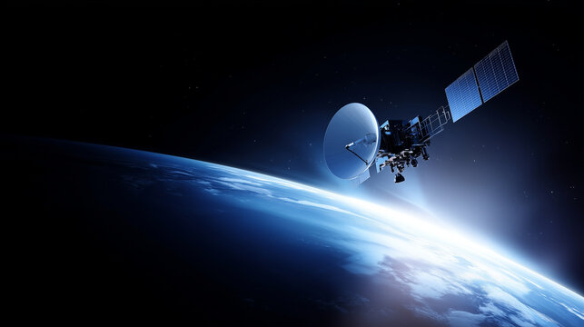 Satellite orbiting above Earth horizon in deep space, global communication technology concept with solar panels, blue planet atmosphere, space exploration and telecommunications ba