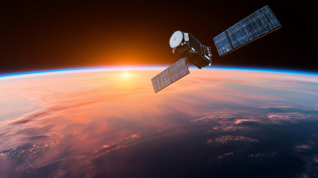 Satellite orbiting above Earth at sunrise, global communication technology, space station module, GPS navigation, aerospace engineering, data transmission and worldwide connectivit