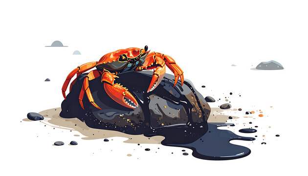 Pixel art red crab resting on a dark, wet rock on a sandy shore, coastal wildlife, retro gaming style