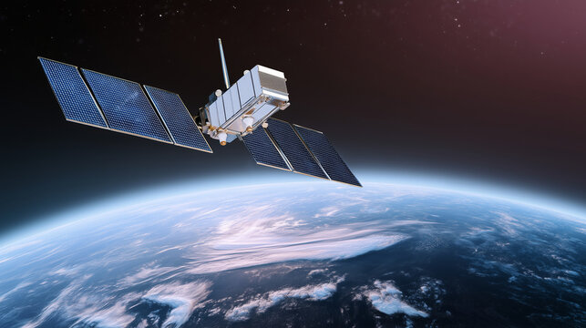 Satellite orbiting above Earth with large solar panels, global communication technology, GPS navigation, remote sensing, data transmission, aerospace engineering and worldwide conn