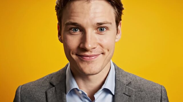 Shocked businessman covering his mouth with hands in surprise against a bright yellow background.