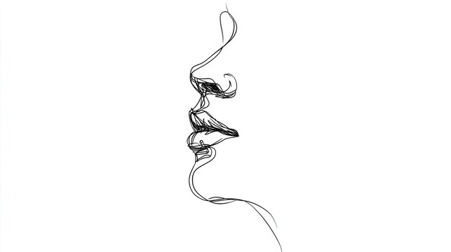 Minimalist continuous line sketch portrays the profile of human lips and nose