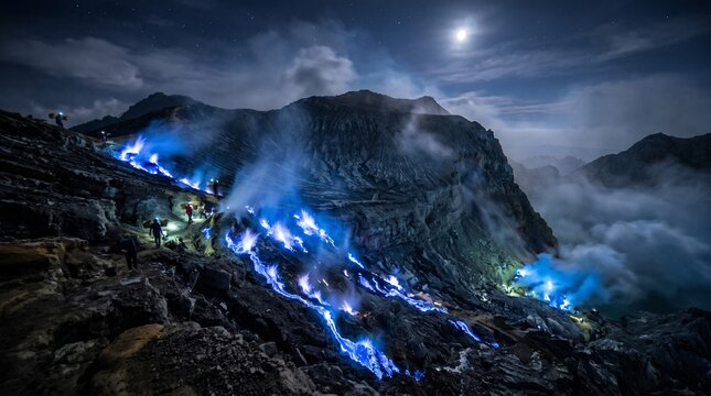 Electric blue sulfur fire in Kawah Ijen volcano at night