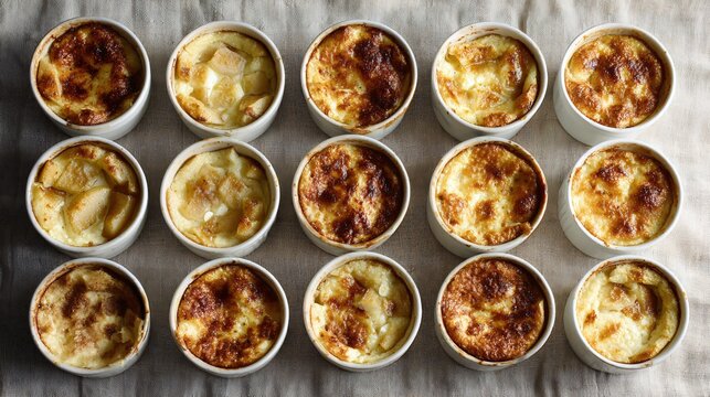 Apple clafoutis baked and served in multiple small individual ramekins, arranged in a neat grid pattern on a textured linen cloth, each portion slightly varied in topping