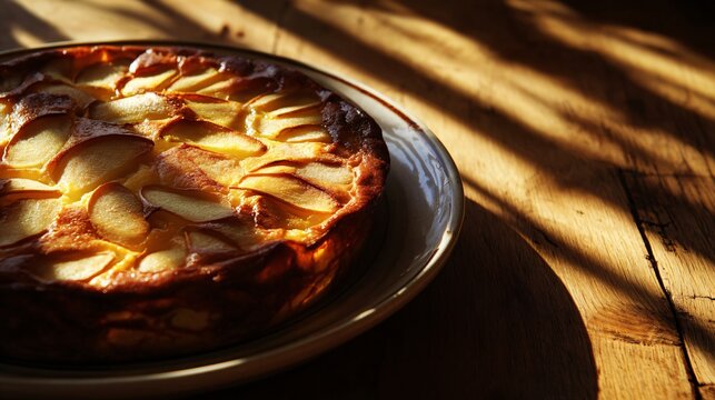 Apple clafoutis illuminated by warm lateral sunlight entering through a window, casting elongated shadows across a rustic wooden table, highlighting the crisp edges and glossy baked apples
