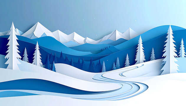 Paper cut winter landscape with snow-covered mountains, winding river, and pine trees, serene blue and white atmosphere, festive holiday season