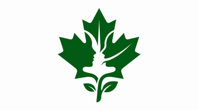 Abstract green maple leaf logo design with human profiles.