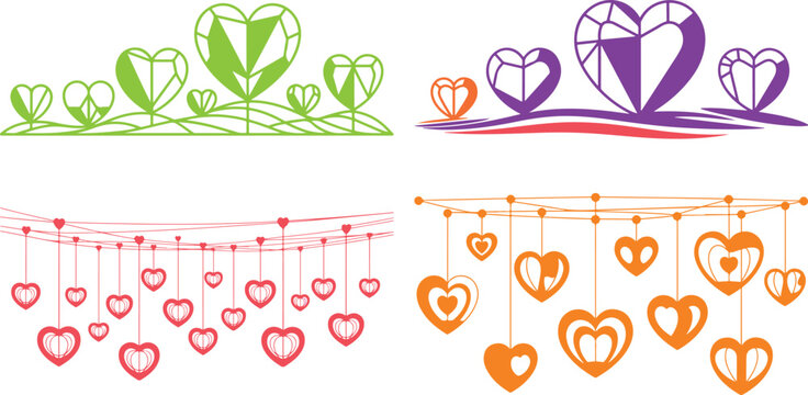 Colorful heart shapes and lines in green purple orange and red on white background