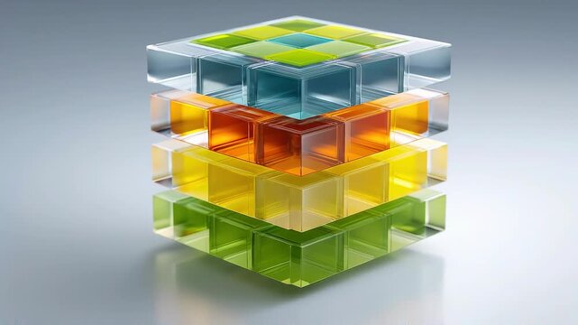 Seamless loop modular cognitive system animation, layered data architecture visualization.