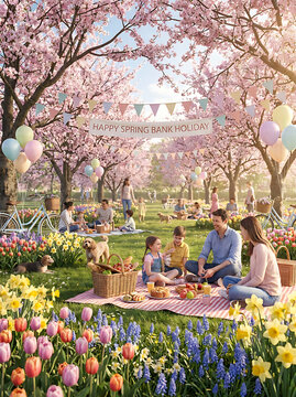 Beautiful Spring Picnic in Blossom filled Park with Family Flowers and Pastel Balloons