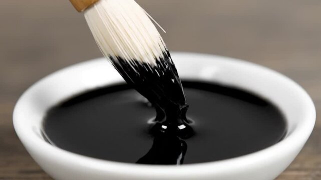 Traditional Calligraphy Brush Dipping into Black Ink Bowl