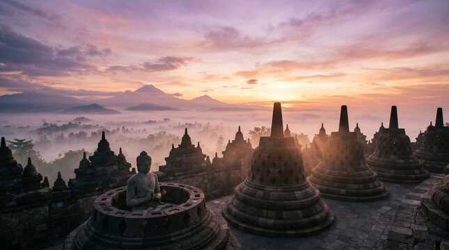 Sunrise over Borobudur temple with Buddha statue and volcanoes