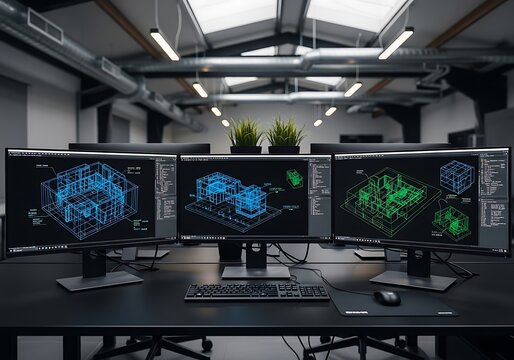 Architectural blueprints displayed on multiple monitors