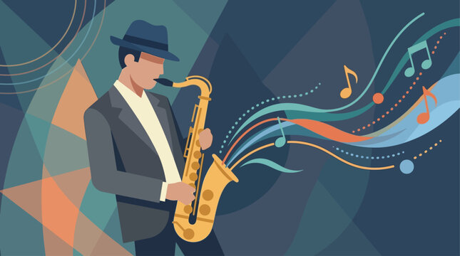 A dynamic flat design illustration of a jazz saxophonist in full swing, with musical notes flowing energetically from the instrument. 