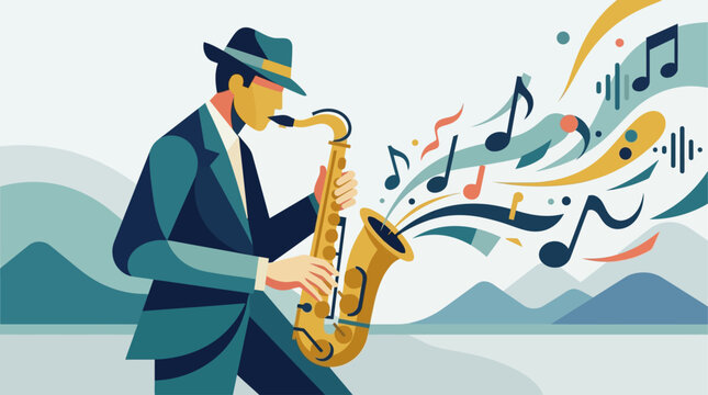 A dynamic flat design illustration of a jazz saxophonist in full swing, with musical notes flowing energetically from the instrument. 