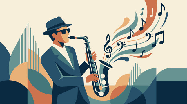 A dynamic flat design illustration of a jazz saxophonist in full swing, with musical notes flowing energetically from the instrument. 