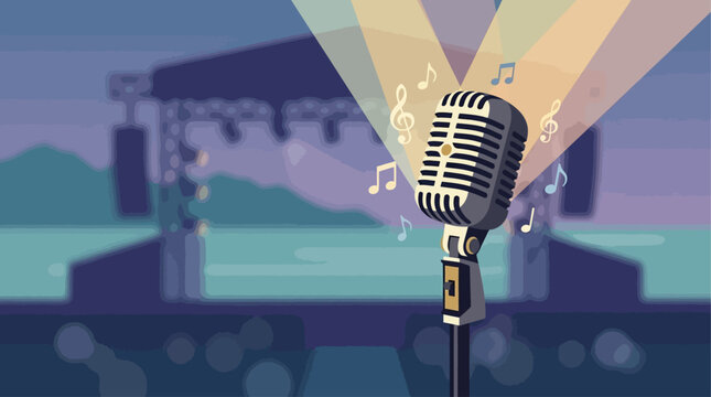 A minimalist flat design illustration featuring a vintage microphone, symbolizing the start of a performance at the Montreux Jazz Festival. 