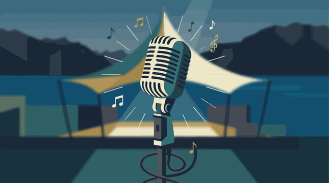 A minimalist flat design illustration featuring a vintage microphone, symbolizing the start of a performance at the Montreux Jazz Festival. 