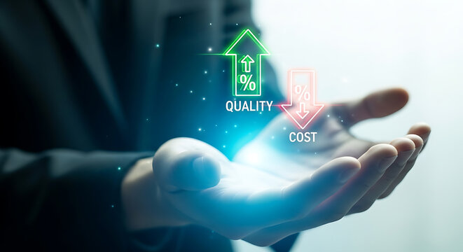 Businessman balancing increasing quality while simultaneously reducing operational costs effectively