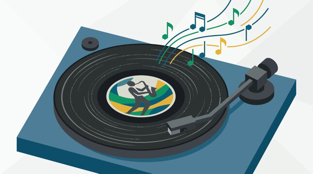 A sleek flat design illustration of a vinyl record spinning on a turntable, with musical notes ascending, evoking the classic jazz experience of the Montreux Jazz Festival. 