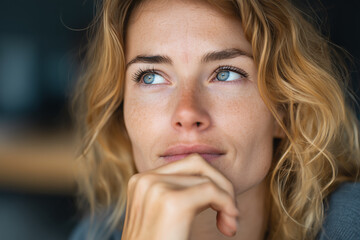 Naklejka premium Close Up Portrait of Thoughtful Woman Looking Up