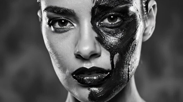 Woman with paint makeup looking at camera in grayscale portrait