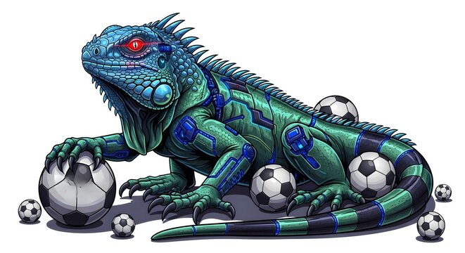  Creative illustration of a geometric iguana resting on a football