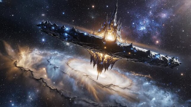 Futuristic alien space station with glowing golden architecture floating in a deep galaxy universe.